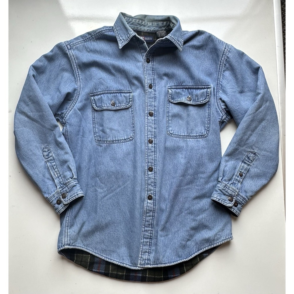 VTG Faded Glory Denim Shirt Jacket Mens Blue Plaid Lined Button Workwear Medium